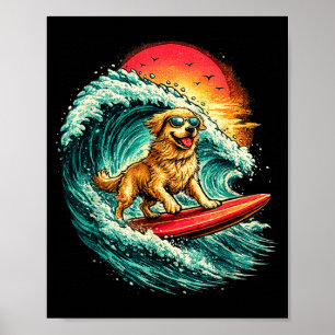Poster Chien de surf drôle retriever doré plage vagues