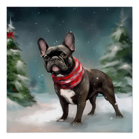 Poster Chien de taureau français à Noël de neige (Devant)