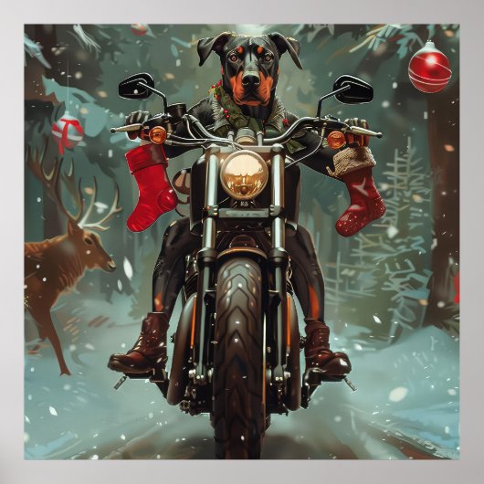 Poster Chien Doberman à moto Noël (Devant)