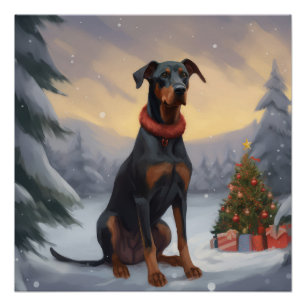 Poster Chien Doberman pendant Noël de neige