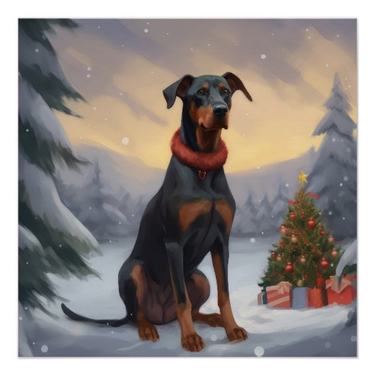 Poster Chien Doberman pendant Noël de neige (Devant)