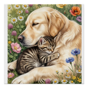 Poster Chien doré mignon et chaton dans une couverture en