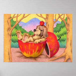 Poster Chien dormant dans un lit de pomme