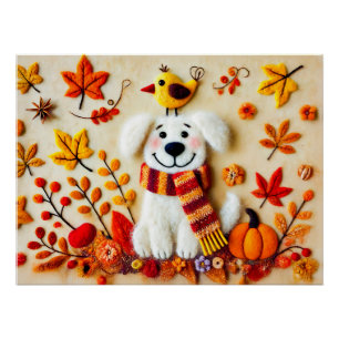 Poster Chien en feutre avec feuilles d'automne et un oise