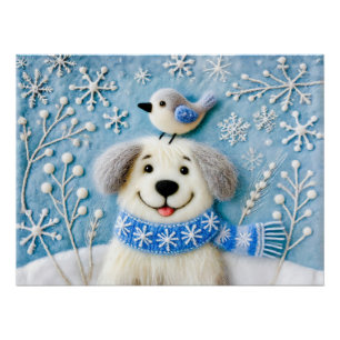 Poster Chien en feutre dans la neige avec écharpe et oise