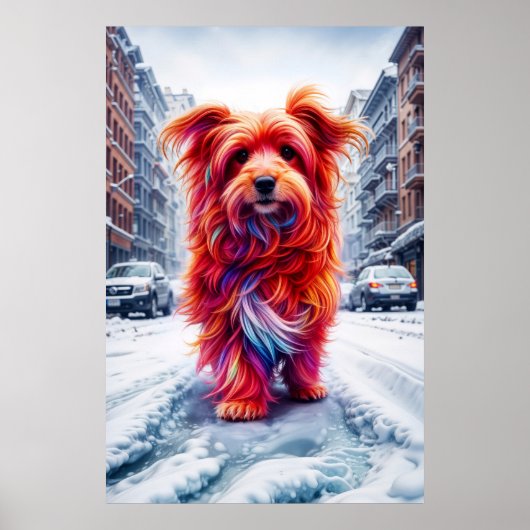 Poster Chien errant perdu dans la route blanche enneigée (Devant)