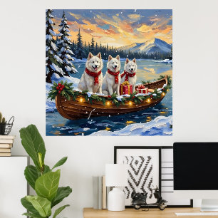 Poster Chien Esquimau Américain Blanc Noël Bateau Fêtes