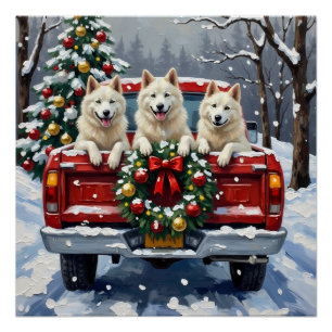 Poster Chien Esquimau Américain Camion Rouge de Noël Vaca