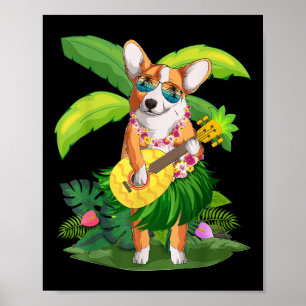 Poster Chien et amp de Corgi hawaïen; Ananas Ukulele été