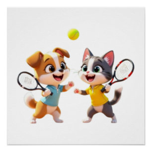 Poster Chien et chat de dessin animé mignons jouant au pa