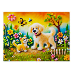 Poster Chien et chat en feutre dans un jardin au coucher 