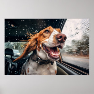 Poster Chien excité sur Rainy Car Ride Art