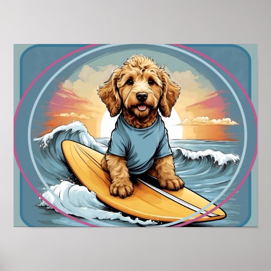 Poster Chien gribouillé surfant (Devant)