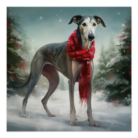 Poster Chien gris à Noël de neige (Devant)