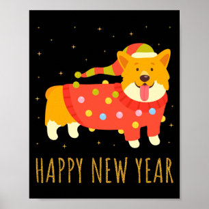Poster Chien heureux Corgi célébrant la nouvelle année No