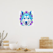 Poster Chien Husky avec yeux et fleurs bleus (Cuisine)