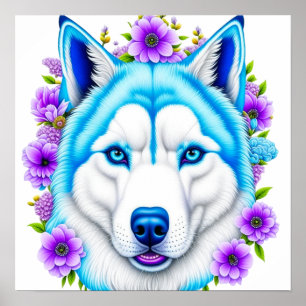 Poster Chien Husky avec yeux et fleurs bleus