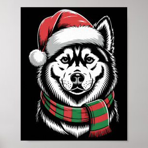 Poster Chien Husky Sibérien Noël Chapeau Santa Écharpe de