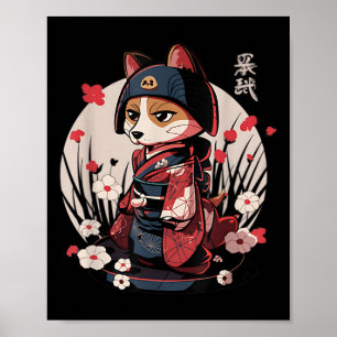 Poster Chien japonais Samurai Tattoo Kawaii Ninja Chien