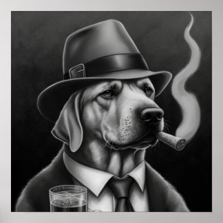 Poster Chien mafia en niveaux de gris avec chapeau et cig
