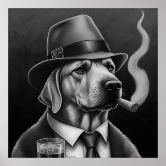 Poster Chien mafia en niveaux de gris avec chapeau et cig (Devant)