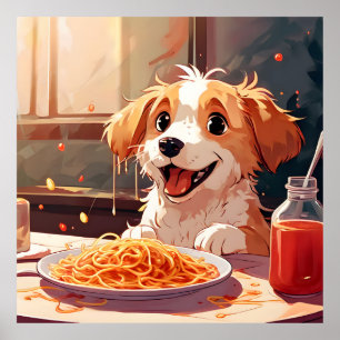 Poster Chien mangeant spaghetti