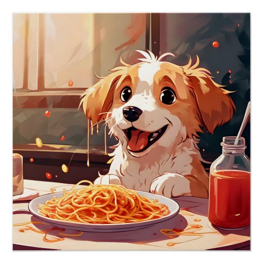 Poster Chien mangeant spaghetti (Devant)