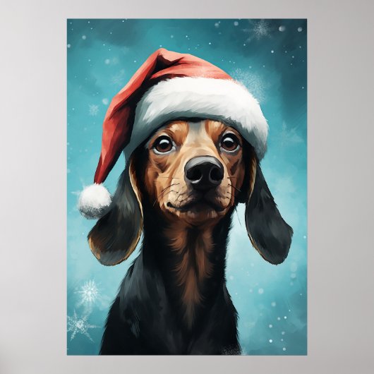 Poster Chien mignon portant le chapeau du Père Noël Dachs (Devant)