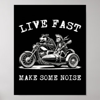 Poster Chien Monte Moto Et Chat Jouer Guitare Punk