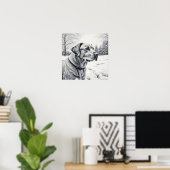 Poster Chien noir et blanc AI Croquis hiver scène (Bureau à domicile)