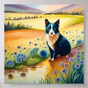 Poster Chien noir et blanc dans le champ floral
