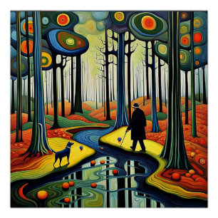 Poster Chien observe l'homme dans la forêt