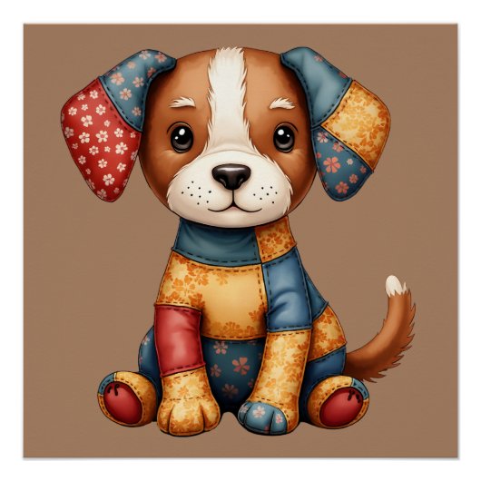 Poster Chien Patchwork Fantaisiste Art Populaire Cottagec (Devant)