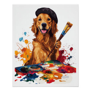 Poster Chien peintre � Chien artistique avec chevalet