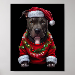 Poster Chien Pitbull de Noël portant des Noël Santas Casq