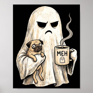 Poster Chien pug fantôme grincheux tenant du café Hallowe