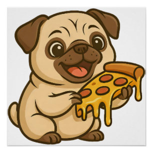 Poster Chien pug mignon de dessin animé amateur de pizza