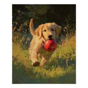 Poster Chien Retriever Doré Jeu de Balle Rouge sur le Ter