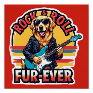 Poster Chien Retriever doré Rock and Roll Fur-Ever
