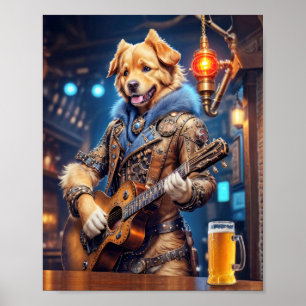 Poster Chien retriever doré Steampunk avec guitare acoust
