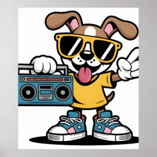 Poster Chien rétro hip hop : Chiot de dessin animé cool