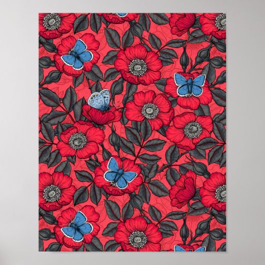 Poster Chien rose et papillons en rouge et bleu (Devant)