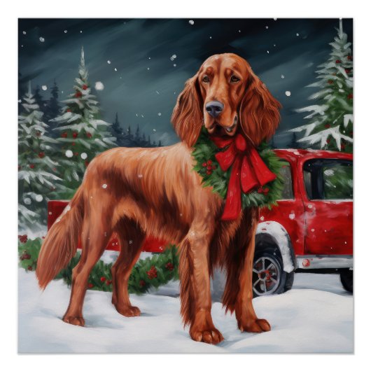 Poster Chien rouge irlandais à la neige Noël (Devant)