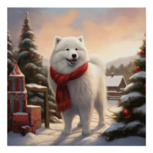 Poster Chien Samoyède dans la neige de Noël
