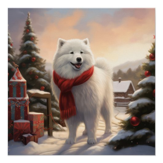 Poster Chien Samoyède dans la neige de Noël  (Devant)