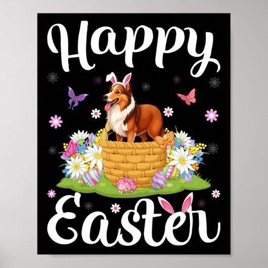 Poster Chien Sheltie Joyeuses Pâques Chasse aux œufs Lapi (Devant)