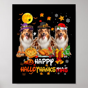 Poster Chien Shetland Sheepdog Happy Halloween Thanksgivi