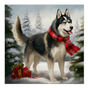Poster Chien sibérien Husky à Noël de neige