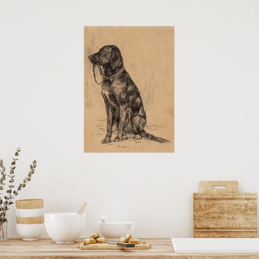 Poster Chien solitaire tenant sa propre laisse, encre de (Cuisine)