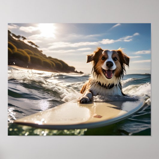 Poster Chien sur planche de surf (Devant)